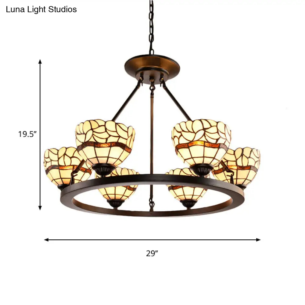 Rustic Beige Glass Bowl Chandelier - 6-Light Fixture with Adjustable Chain