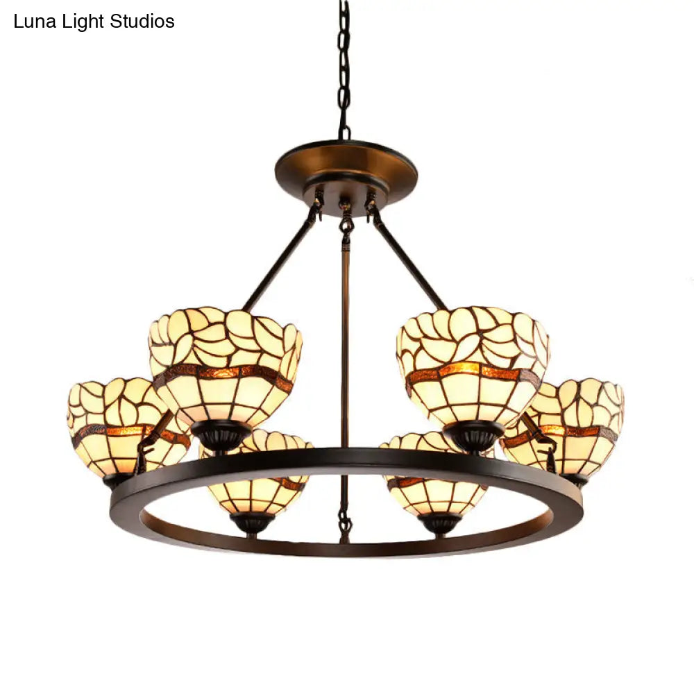 Rustic Beige Glass Bowl Chandelier - 6-Light Fixture with Adjustable Chain