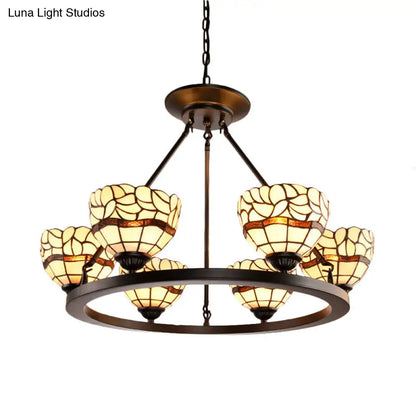 Rustic Beige Glass Bowl Chandelier - 6-Light Fixture with Adjustable Chain