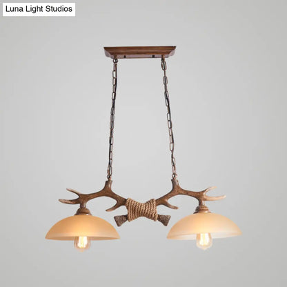 DecorBites™ Rustic Beige Glass Island Pendant Light with Antler Decor - Bowl Shape, 2 Bulbs, Ideal for Restaurant Ceilings