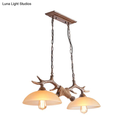 DecorBites™ Rustic Beige Glass Island Pendant Light with Antler Decor - Bowl Shape, 2 Bulbs, Ideal for Restaurant Ceilings