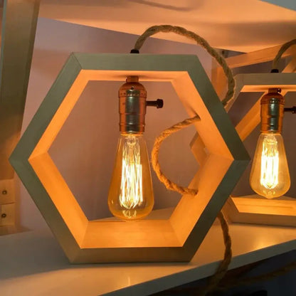 Rustic beige hemp rope pendant light with warm edison bulb hexagonal wooden frame and copper pendant light cable