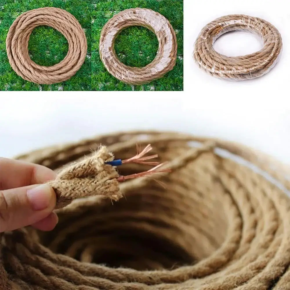 Coiled rustic beige hemp rope pendant light cable with exposed copper wiring and blue insulation end for living room use