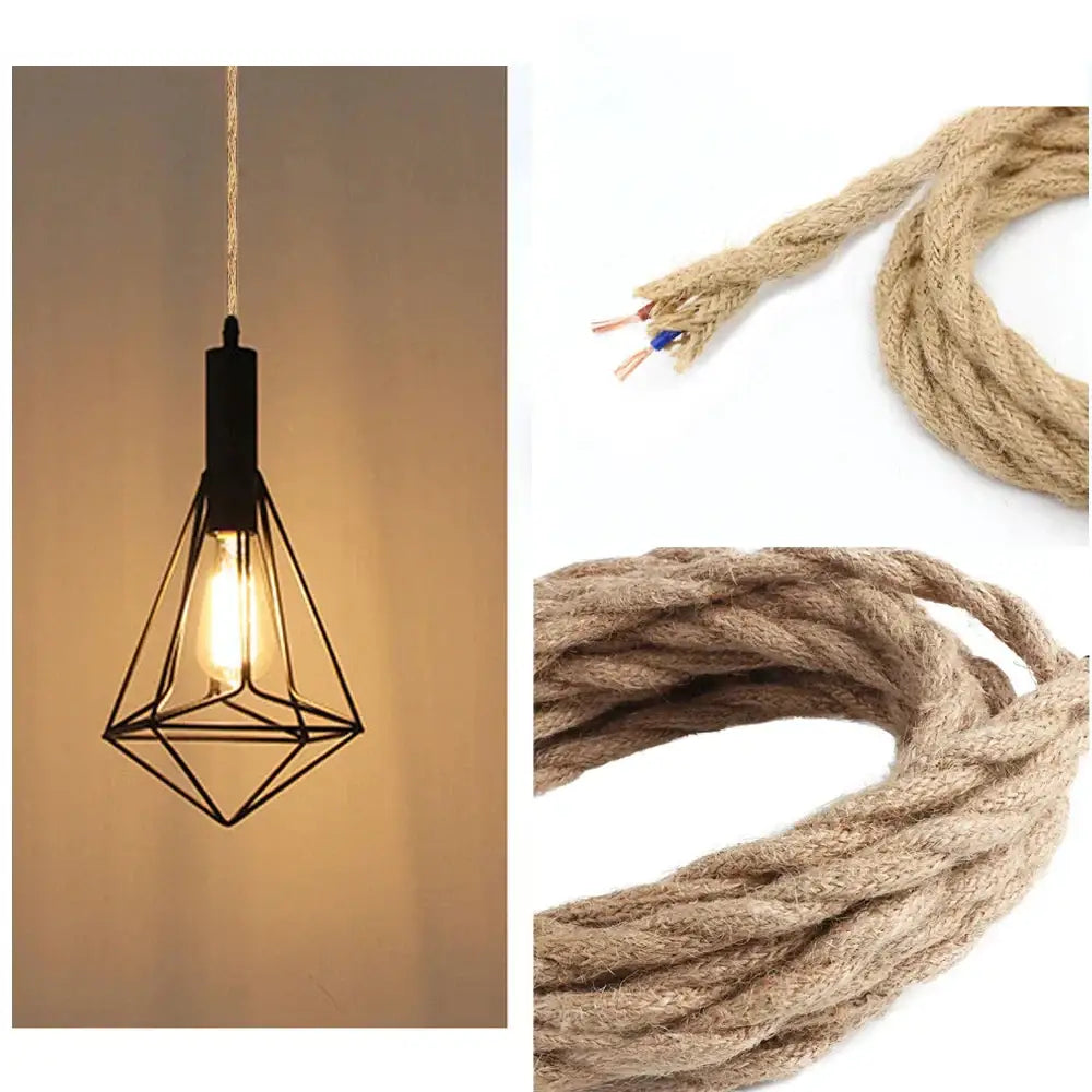 Industrial black metal pendant light with geometric cage and exposed edison bulb suspended by beige hemp rope pendant light cable