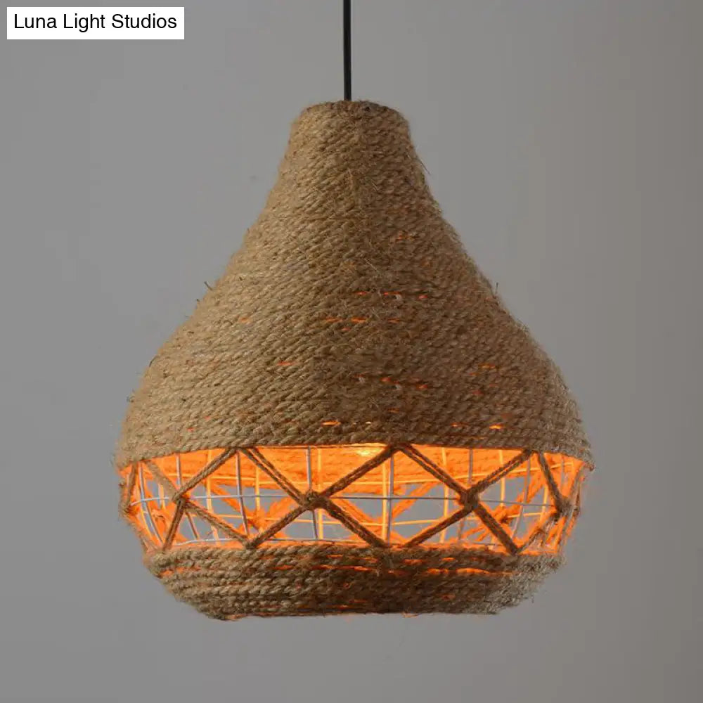 Rustic Beige Teardrop Rope Pendant Lamp - 1-Bulb Ceiling Hanging Light for Restaurants