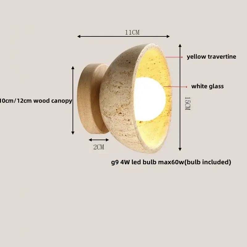 Rustic beige travertine base wall light with textured yellow travertine exterior and decorbites led wall 4w g9 bulb