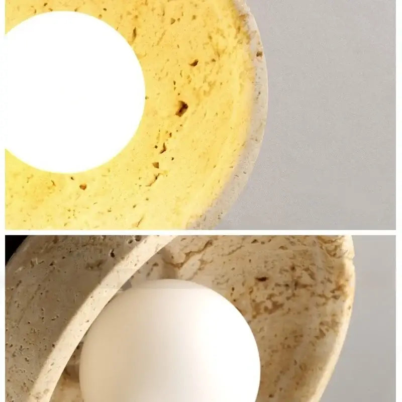 Rustic beige travertine base led wall light with a modern textured concrete lamp and warm yellow interior decorbites led wall