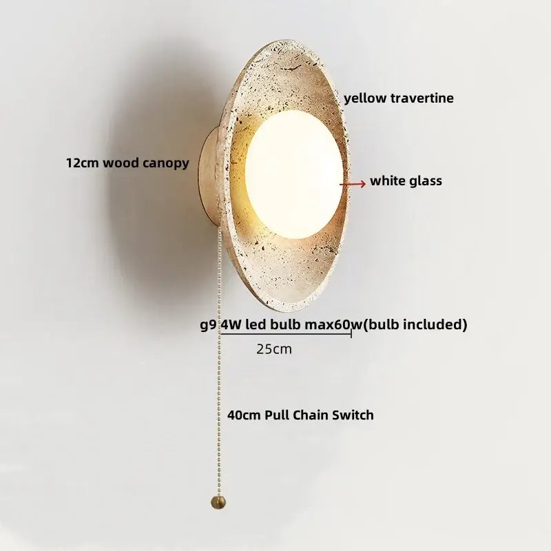 Rustic beige travertine base led wall light with yellow travertine canopy white glass diffuser and brass pull chain switch