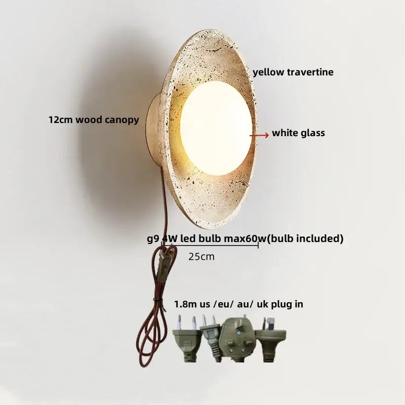 Rustic beige travertine base led wall light with textured yellow travertine and white glass center decorbites led wall fixture