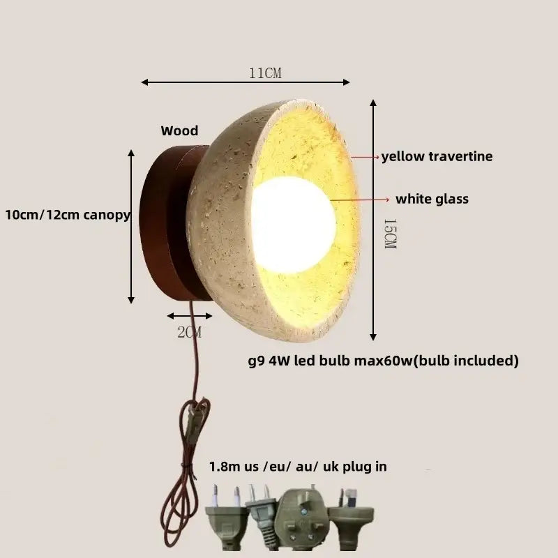 Rustic beige travertine base wall light with wooden base and white glass interior decorbites led wall bedroom sconce