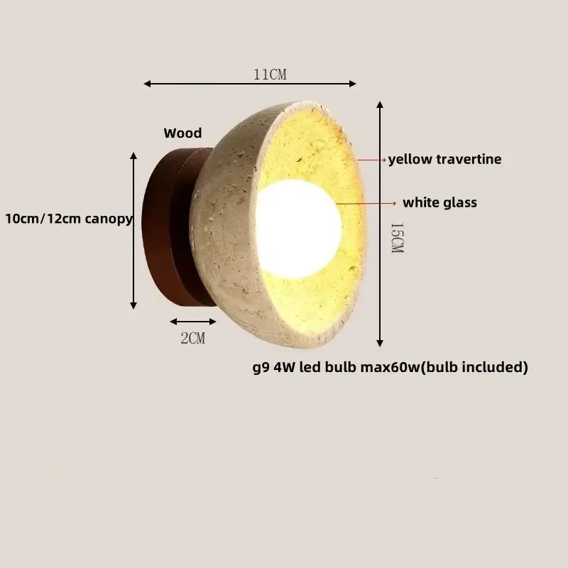 Rustic beige travertine base wall light with yellow shade and integrated g9 led bulb for decorbites led wall lighting