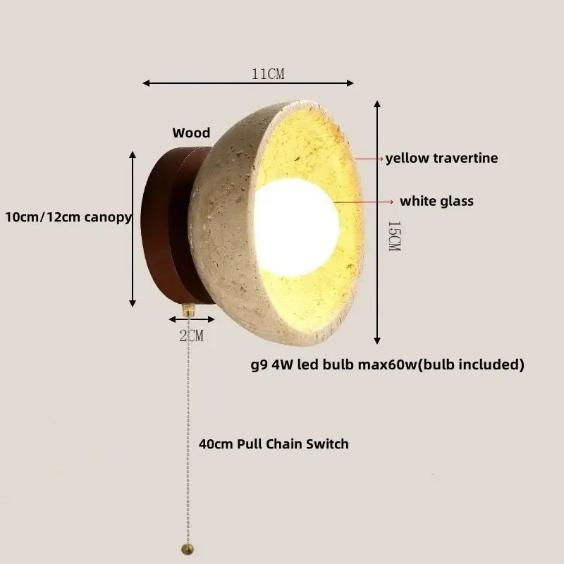 Rustic beige travertine base led wall light with a textured yellow bowl white interior and dark wood canopy by decorbites
