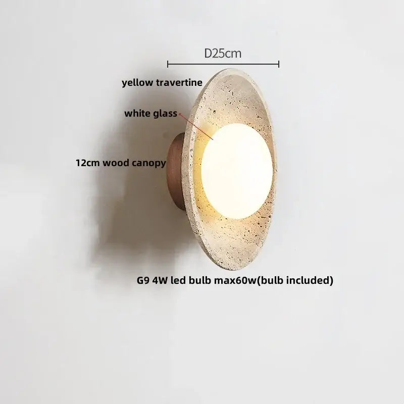 Rustic beige travertine base wall light with yellow travertine sconce, white glass diffuser, and 12cm wood canopy decorbites led wall