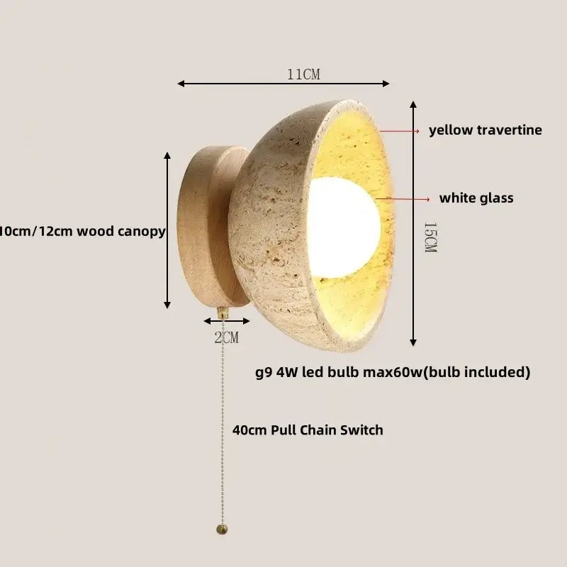 Rustic beige travertine base led wall light with yellow travertine wall sconce and white glass diffuser decorbites led wall