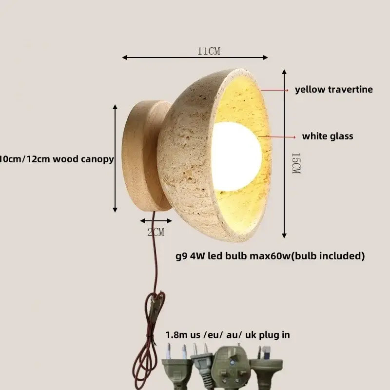 Rustic beige travertine base led wall light with yellow travertine wall sconce and wood canopy by decorbites led wall