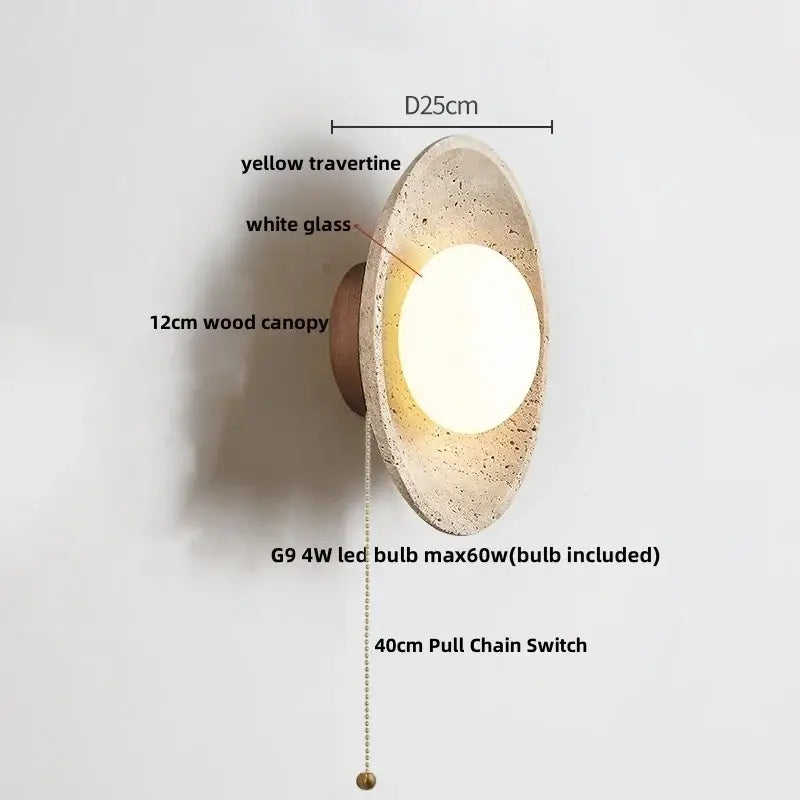Rustic beige travertine base wall light with yellow travertine sconce and white glass diffuser by decorbites led wall