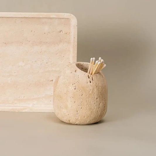 Rustic beige travertine match holder with textured stone and organic shape for living room decorbites beige travertine
