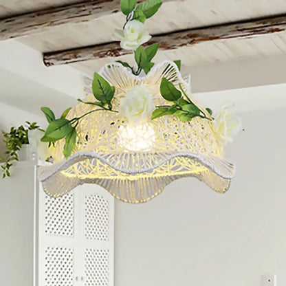 Rustic Bine Pendant Light: Single Light Drum/Scalloped Hanging Lamp in White