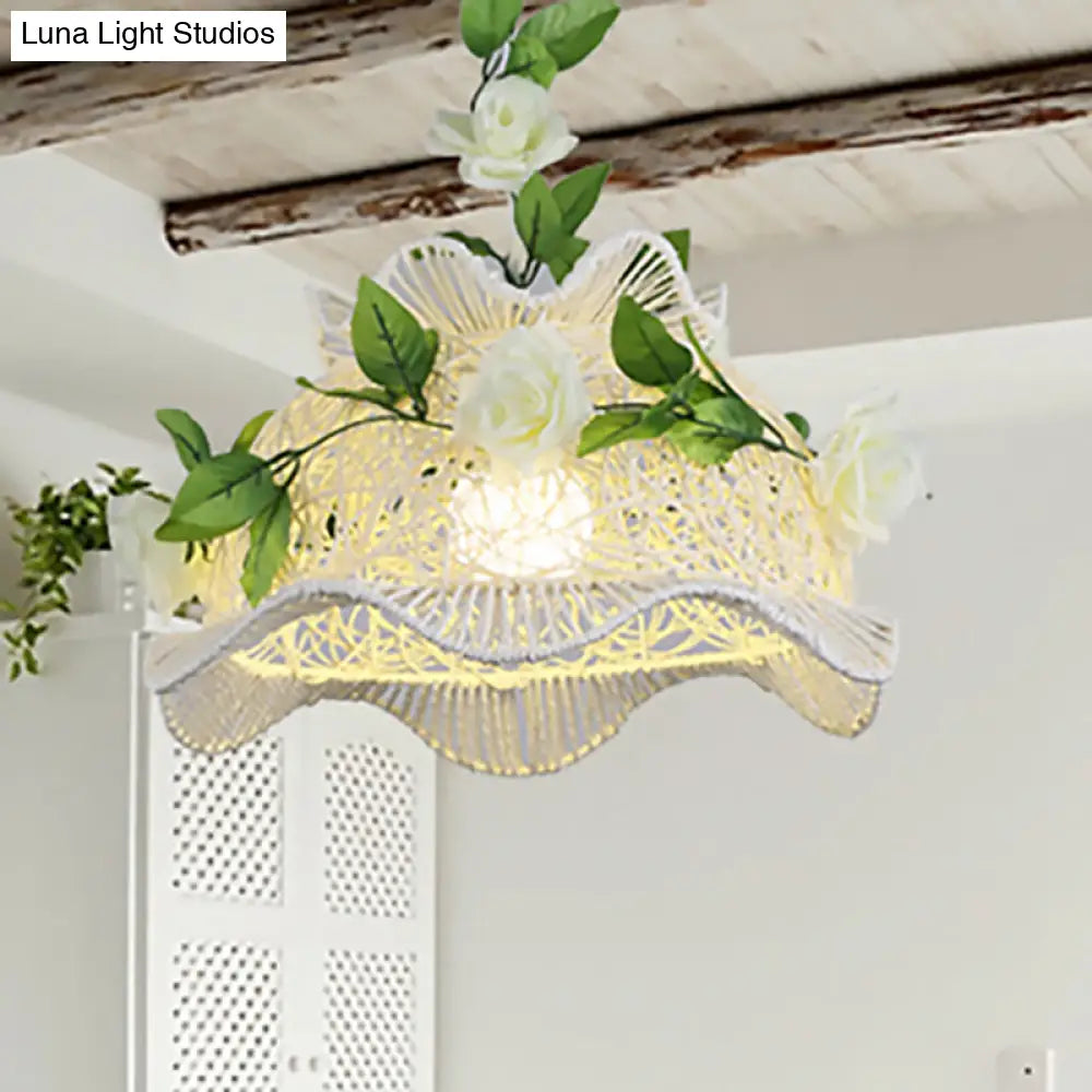 Rustic Bine Pendant Light: Single Light Drum/Scalloped Hanging Lamp in White