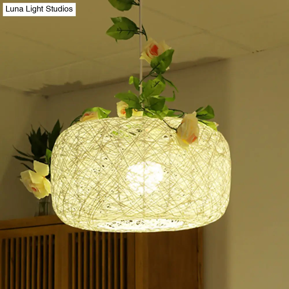 Rustic Bine Pendant Light: Single Light Drum/Scalloped Hanging Lamp in White