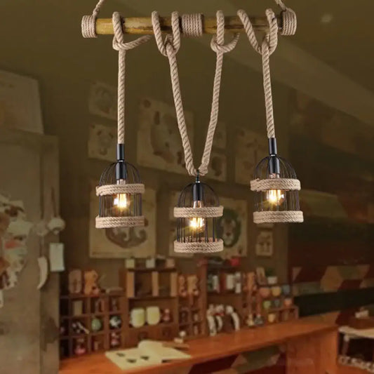 Decorbites farm birdcage island lamp is a 3-light ceiling light with black metal frames and beige jute rope cord suspension