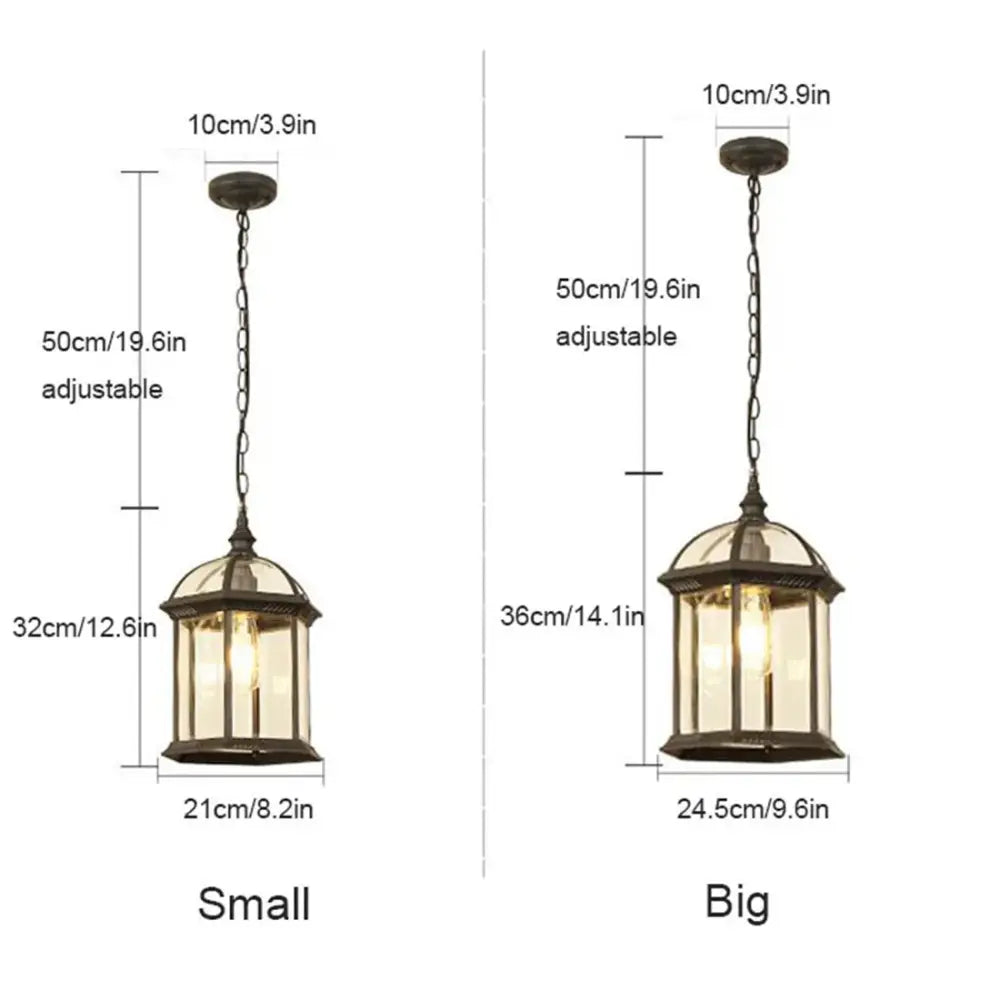 Antique bronze-finished rustic outdoor hanging lantern with clear glass panels and chain suspension in black rustic decorbites style