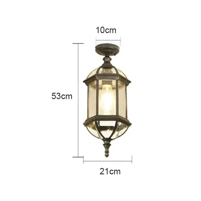 Vintage-style black rustic outdoor hanging lantern with clear glass panels and warm glowing bulb in metal brass fixture