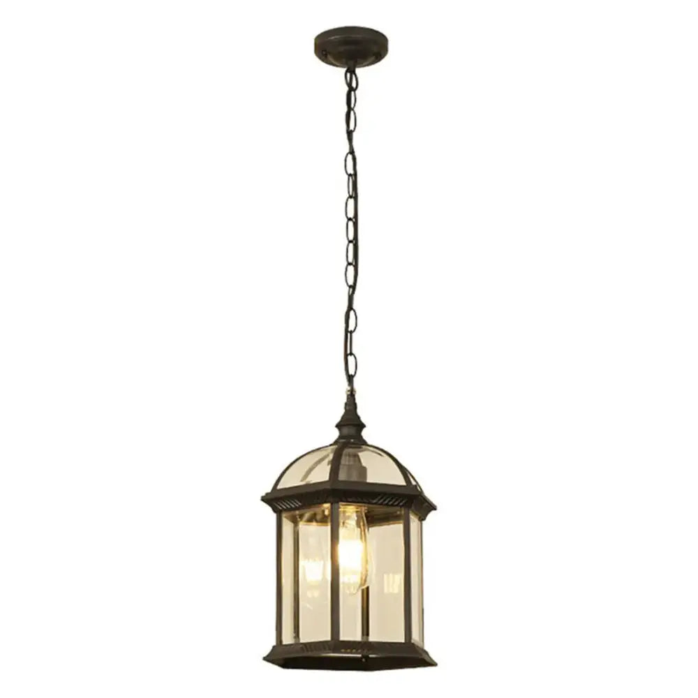 Rustic black and brass outdoor hanging lantern light with clear glass panels and warm glowing bulb for decorbites black rustic decor