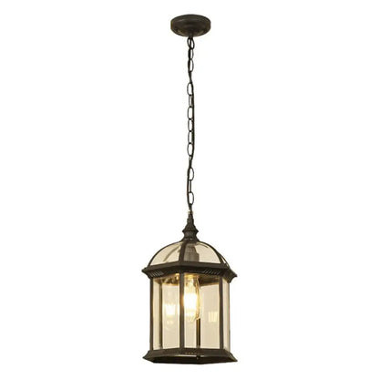Rustic black and brass outdoor hanging lantern light with clear glass panels and warm glowing bulb for decorbites black rustic decor