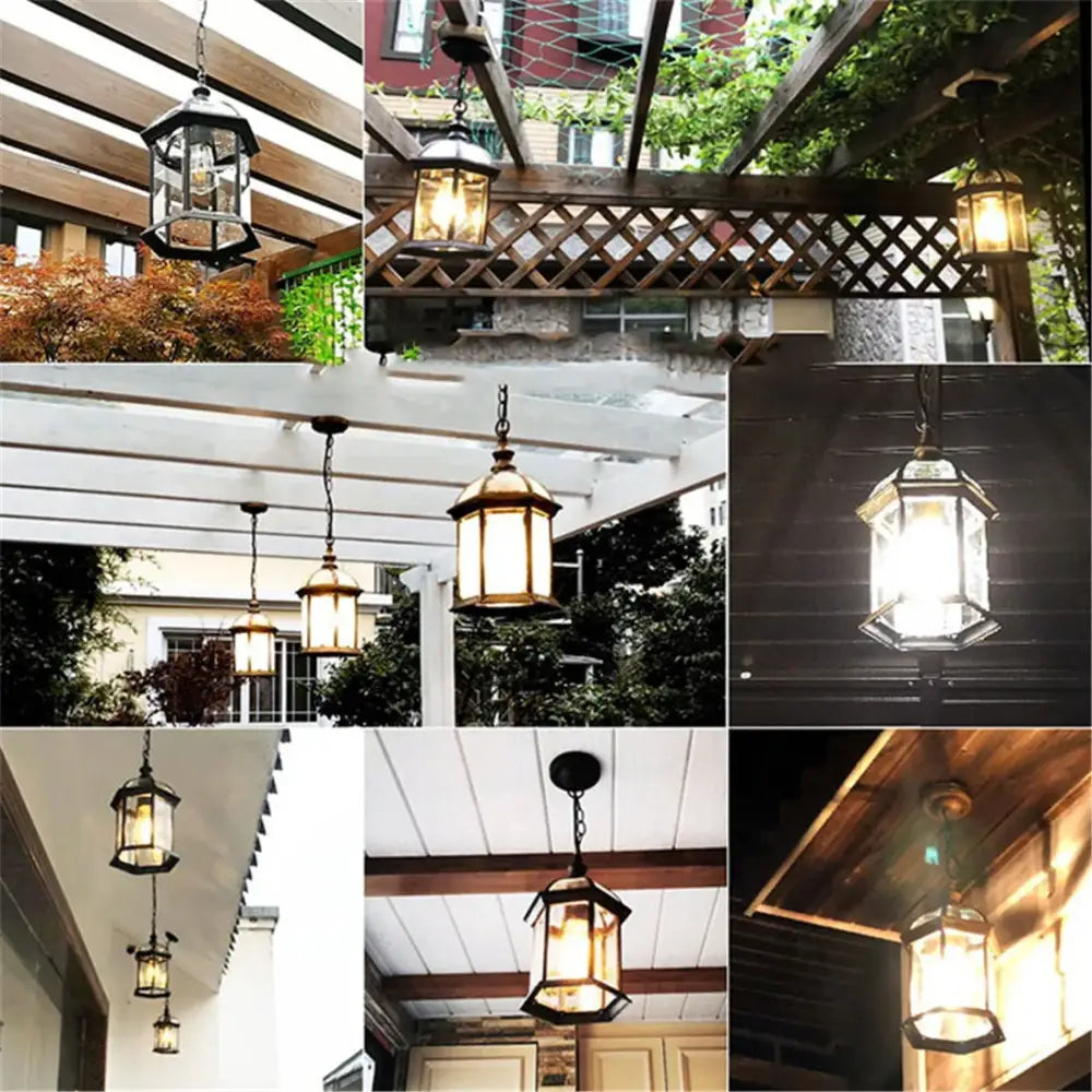 Rustic black and brass outdoor hanging lantern light patio fixture with vintage-style hexagonal frames casting warm light