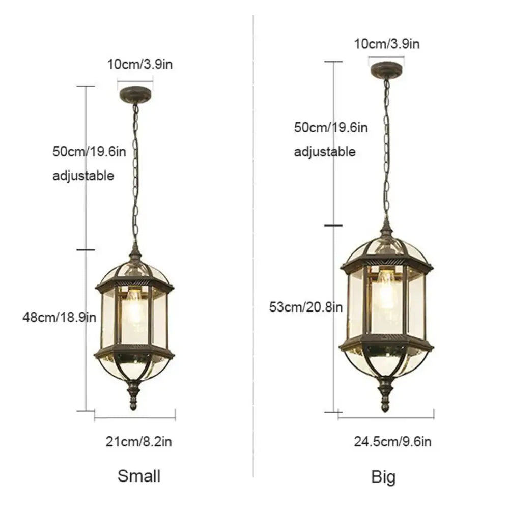 Antique bronze-finished black rustic outdoor hanging lantern with clear glass panels and ornate metalwork in small and big sizes