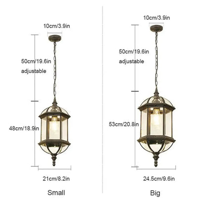 Antique bronze-finished black rustic outdoor hanging lantern with clear glass panels and ornate metalwork in small and big sizes