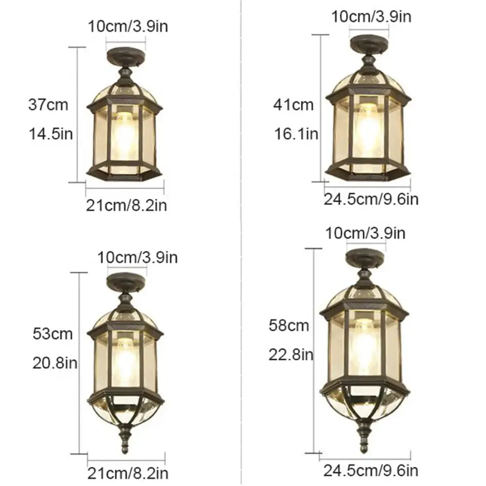 Four rustic outdoor hanging lanterns with black metal frames and warm glowing lights for decorbites black rustic patios