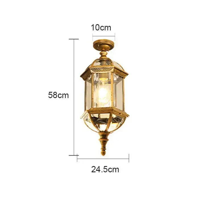 Gold-toned ornate lantern with clear glass panels and warm glowing bulb in rustic outdoor hanging decorbites black rustic style