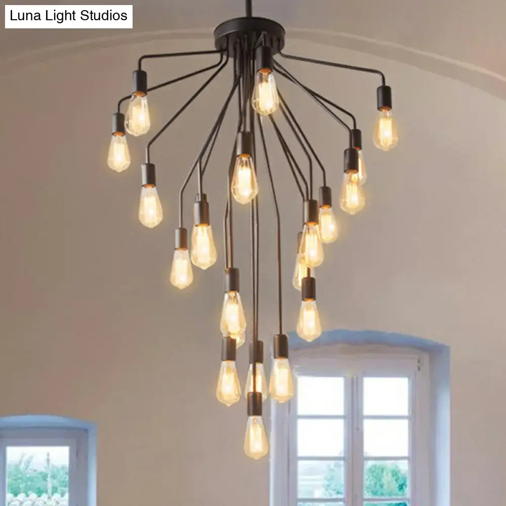 Rustic Black Cascade Chandelier with Exposed Bulb Design - Hanging Ceiling Light