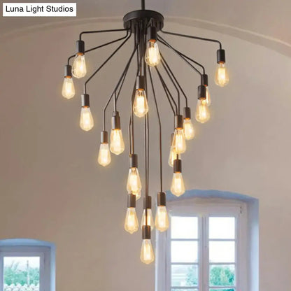 Rustic Black Cascade Chandelier with Exposed Bulb Design - Hanging Ceiling Light