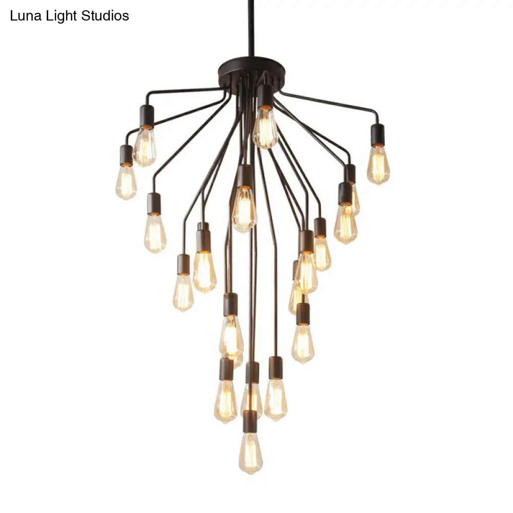 Rustic Black Cascade Chandelier with Exposed Bulb Design - Hanging Ceiling Light