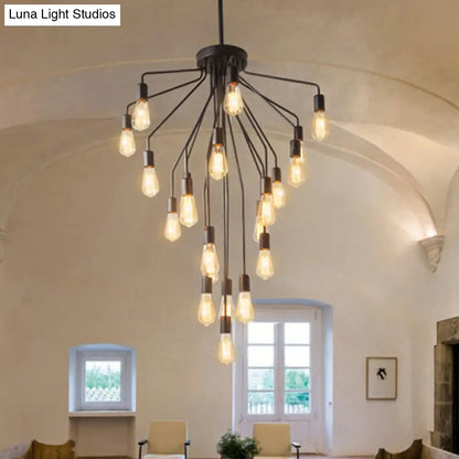 Rustic Black Cascade Chandelier with Exposed Bulb Design - Hanging Ceiling Light