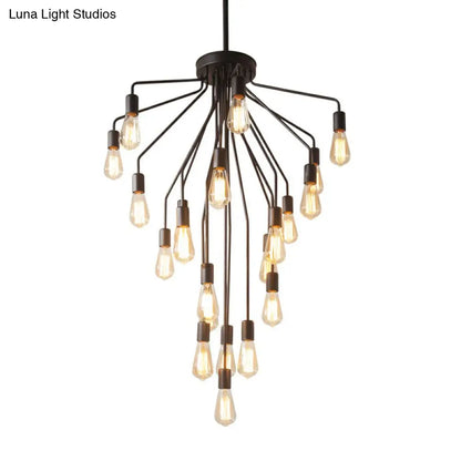 Rustic Black Cascade Chandelier with Exposed Bulb Design - Hanging Ceiling Light