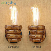 Pair of rustic black and coffee wooden hand wall light pair with vintage edison bulbs for bedroom sconce lighting