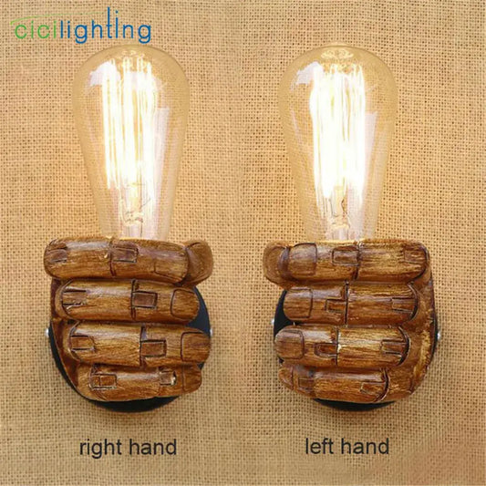 Pair of rustic black and coffee wooden hand wall light pair with vintage edison bulbs for bedroom sconce lighting