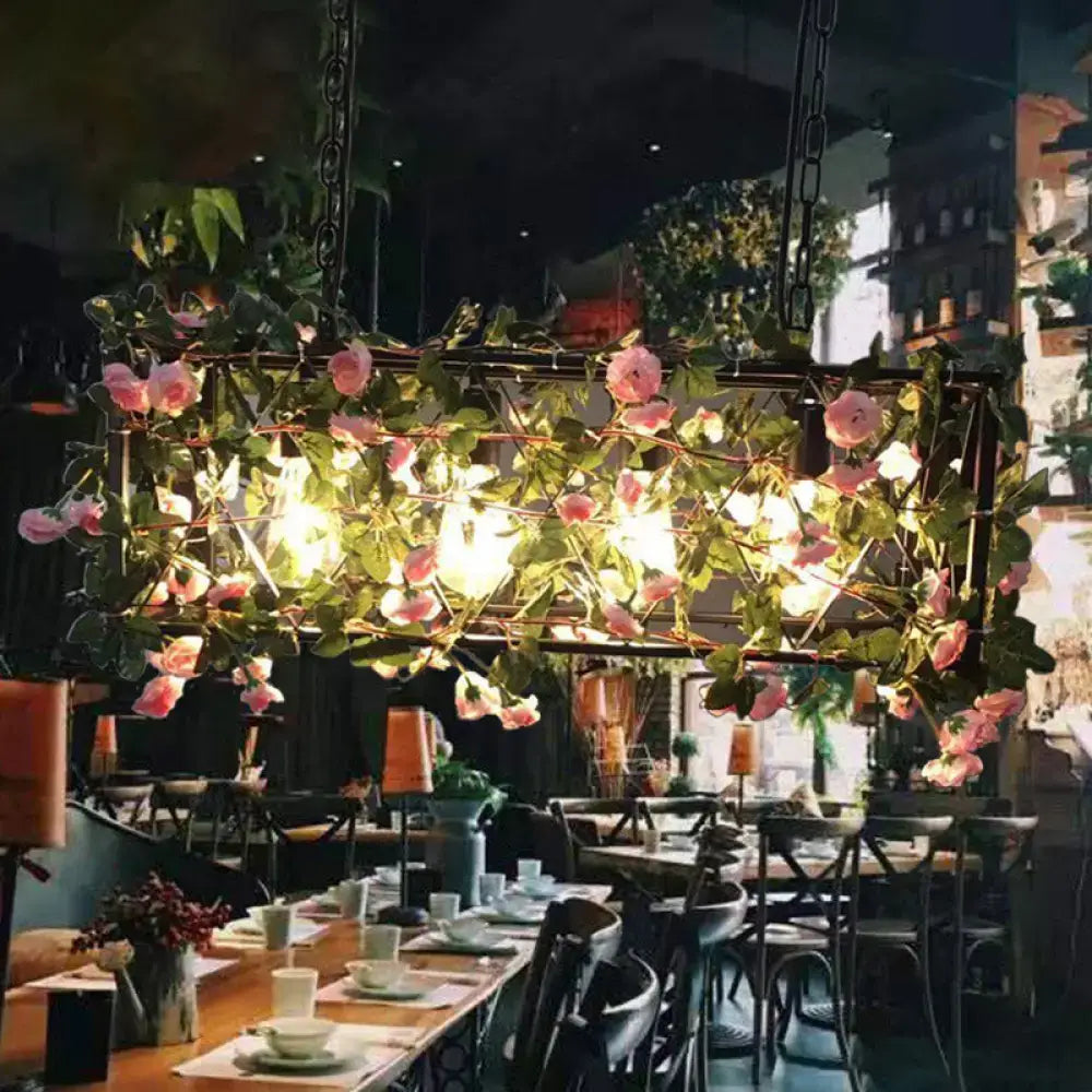DecorBites™ black metal industrial four heads island lamp with pink roses and warm lights for restaurant use