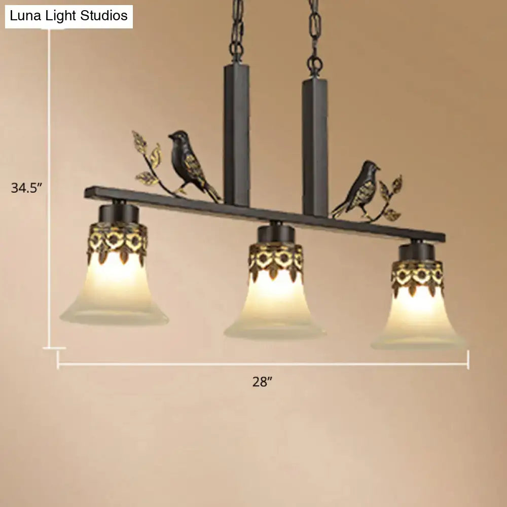 DecorBites™ rustic opal glass island light fixture with three frosted shades and ornate gold bird design for dining room