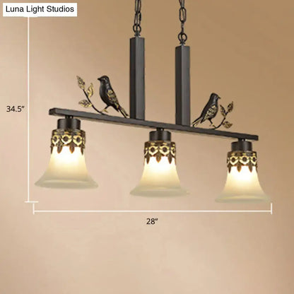 DecorBites™ rustic opal glass island light fixture with three frosted shades and ornate gold bird design for dining room