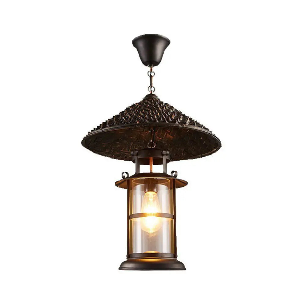 Rustic Black Hanging Pendant Light with Transparent Glass Cylinder and Pointy Hat Decoration, Single Bulb