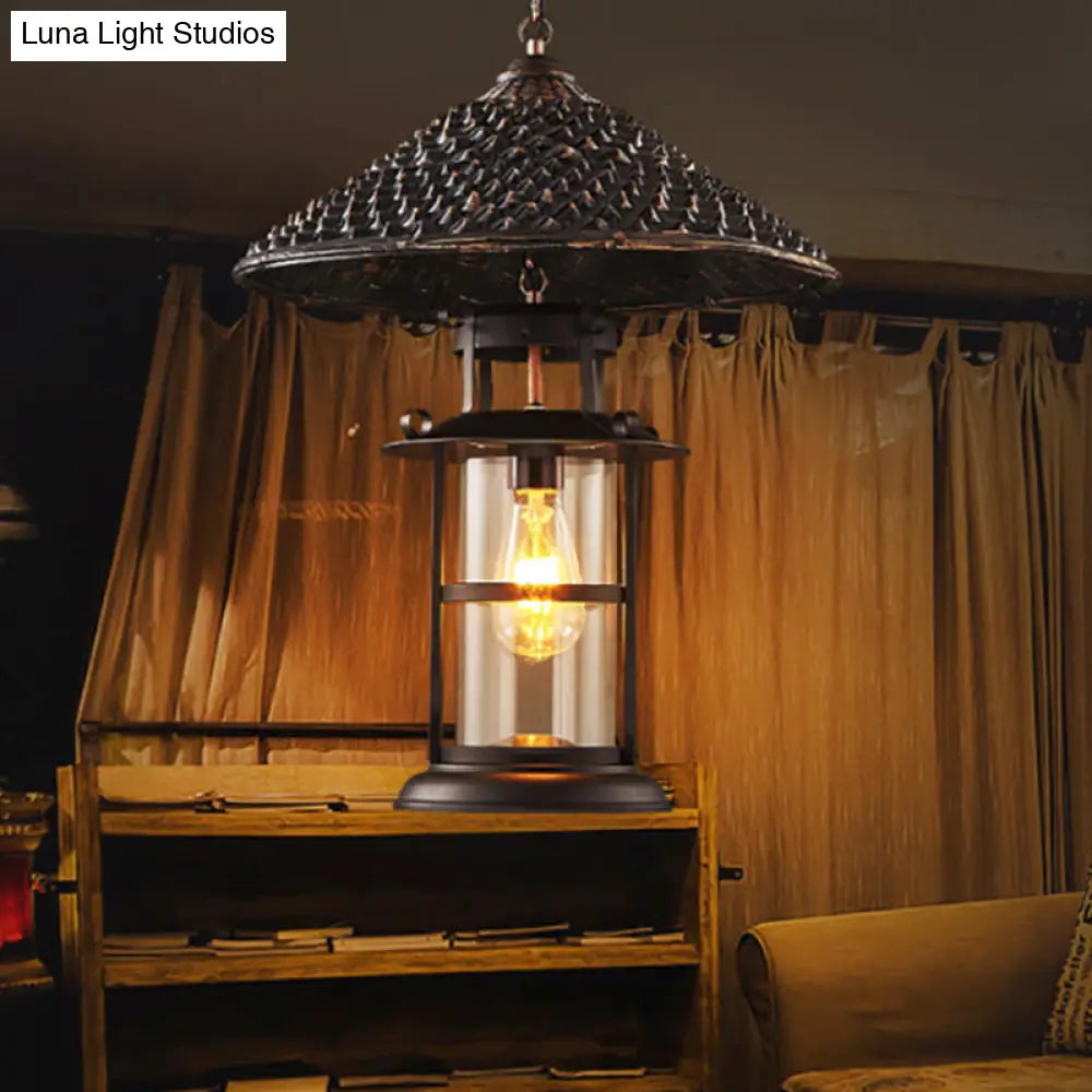 Rustic Black Hanging Pendant Light with Transparent Glass Cylinder and Pointy Hat Decoration, Single Bulb