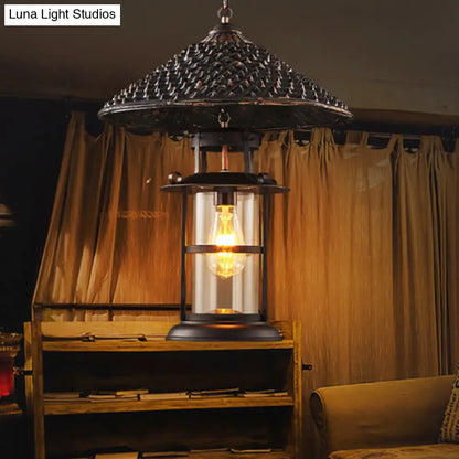 Rustic Black Hanging Pendant Light with Transparent Glass Cylinder and Pointy Hat Decoration, Single Bulb