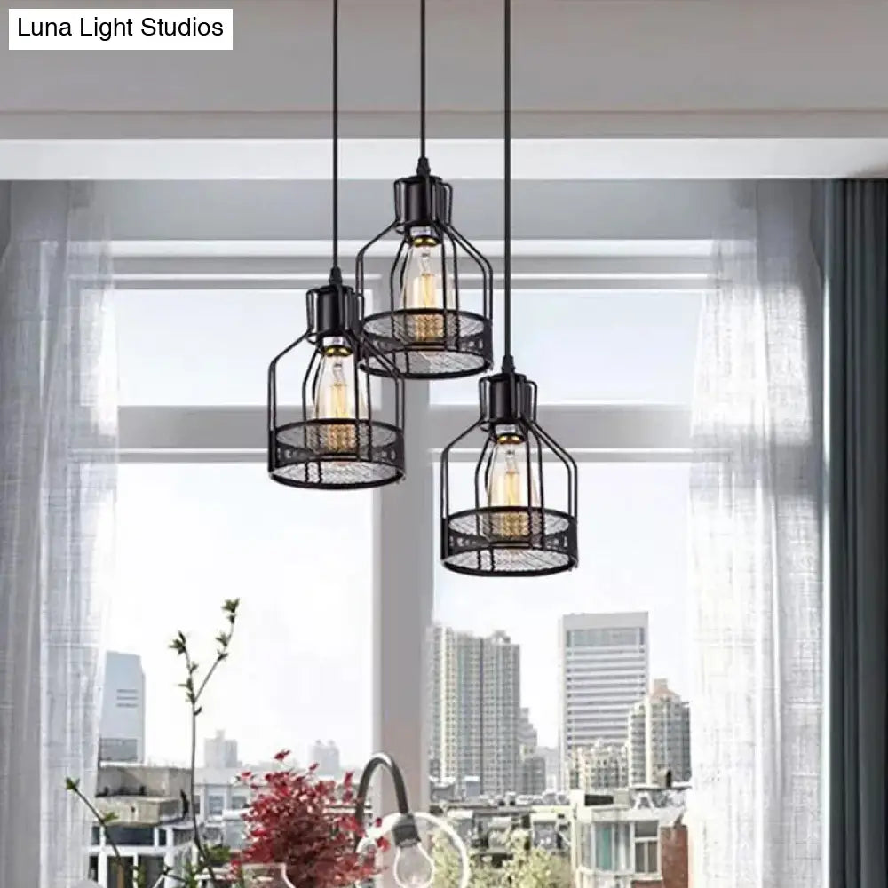 Rustic Black Iron 3-Light Bottle Frame Multi-Pendant Ceiling Hang Light for Dining Room