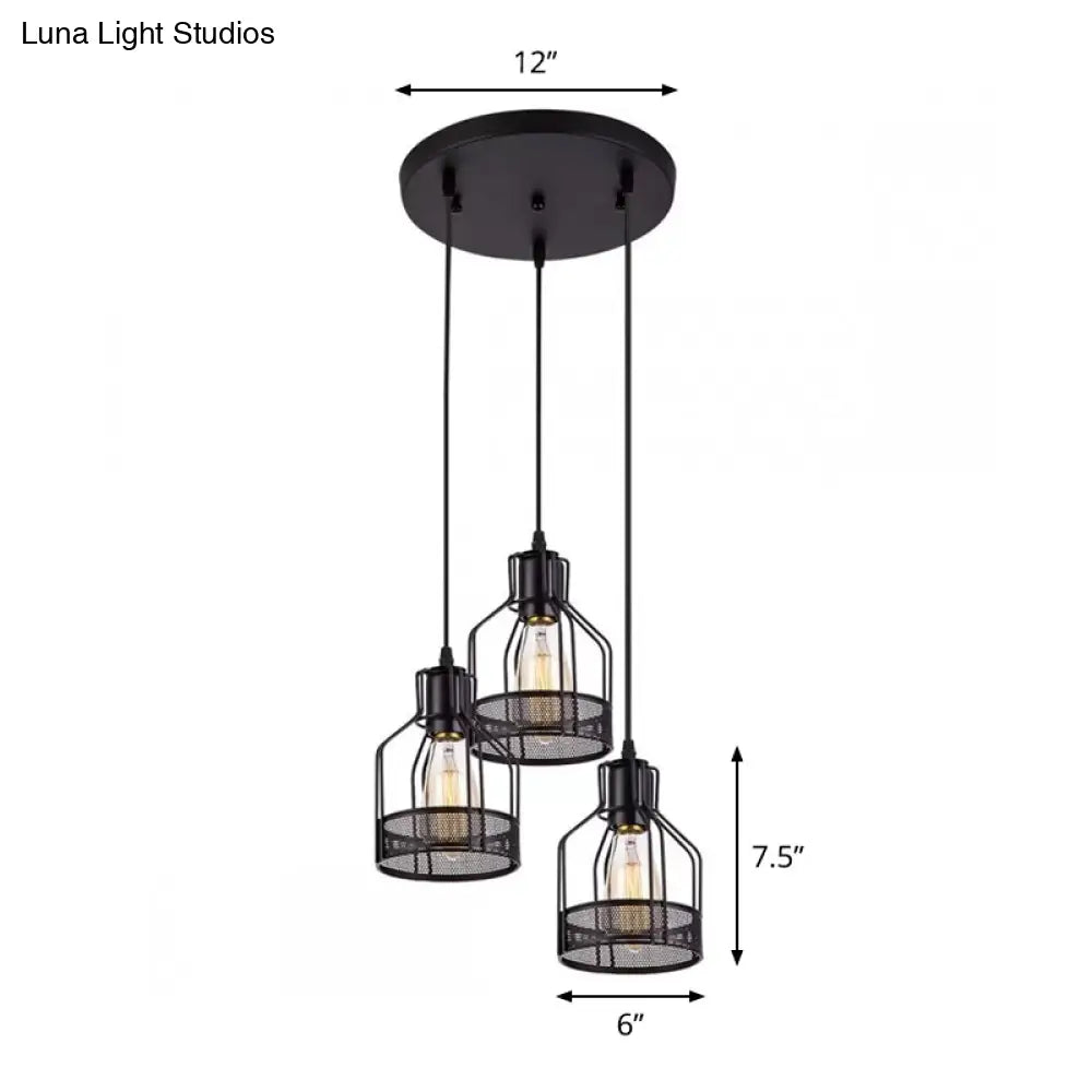 Rustic Black Iron 3-Light Bottle Frame Multi-Pendant Ceiling Hang Light for Dining Room