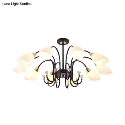 Lámpara de araña rústica de hierro negro con pantallas de cristal esmerilado - Lámpara de techo colgante con brazo curvo - 6/8/10 cabezales